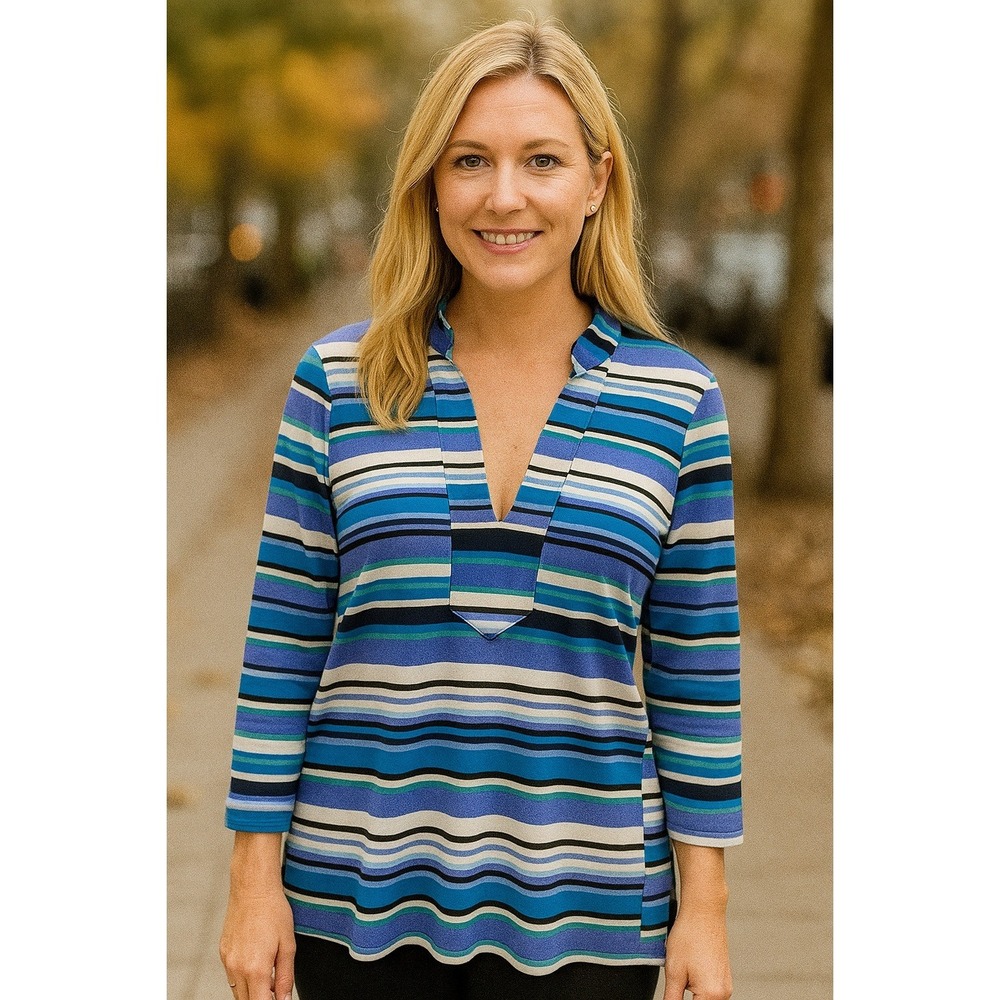 Jude Connally Top Womens Small Tunic Nylon Cantina Cloth Blue‎ Striped Stretch
